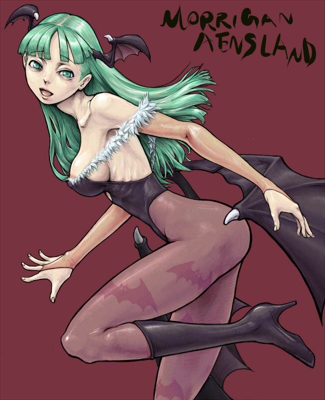 kari (artist), morrigan aensland, capcom, darkstalkers, 1girl, animal print, bat print, bat wings, blush, boots, breasts, cleavage, female focus, green eyes, green hair, head wings, large breasts, long hair, matching hair/eyes, pantyhose, print pantyhose, ribs, sideboob, solo, wings