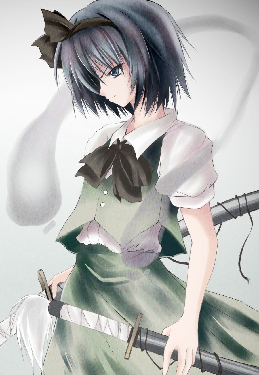 hazuki ryuusei, ryuusei, konpaku youmu, konpaku youmu (ghost), touhou, bad id, bad pixiv id, highres, 1girl, blue eyes, blue hair, bow, female focus, ghost, hairband, hitodama, katana, matching hair/eyes, ribbon, sheath, sheathed, short hair, solo, sword, weapon