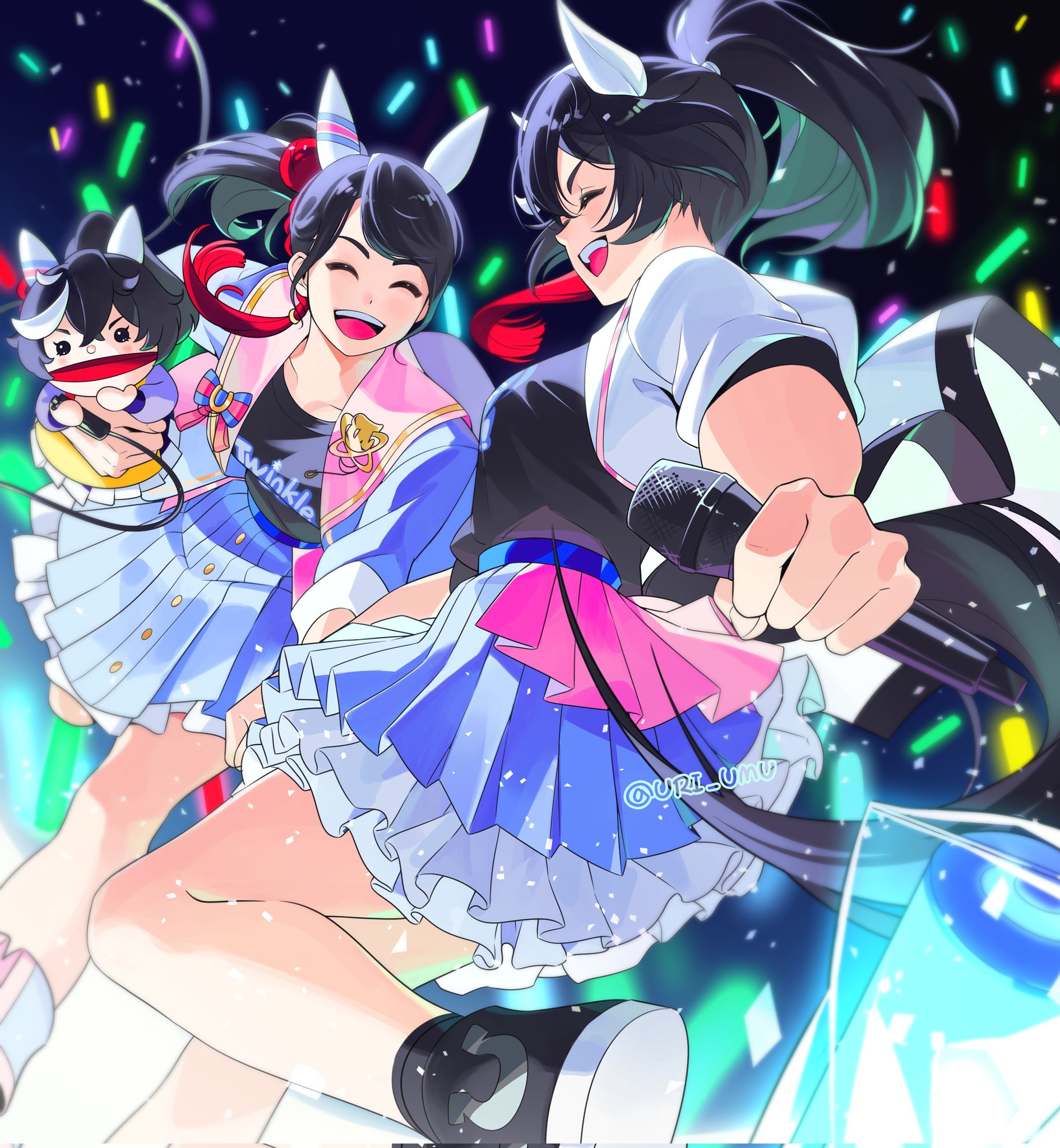 katsuragi ace (umamusume), umamusume, character request, highres, 2girls, animal ears, blue skirt, closed eyes, dress, ear covers, frilled dress, frills, hand puppet, holding, holding lightstick, holding microphone, horse ears, horse girl, horse tail, lightstick, microphone, multiple girls, ponytail, puppet, skirt, smile, tail, uri umu