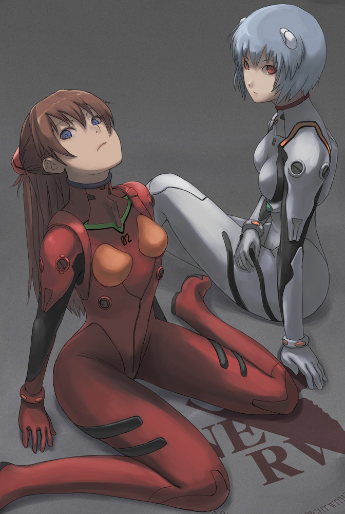 tea (nakenashi), ayanami rei, souryuu asuka langley, neon genesis evangelion, 2girls, blue eyes, blue hair, brown hair, interface headset (evangelion), long hair, mecha pilot suit, multiple girls, plugsuit (evangelion), red eyes, short hair, sitting