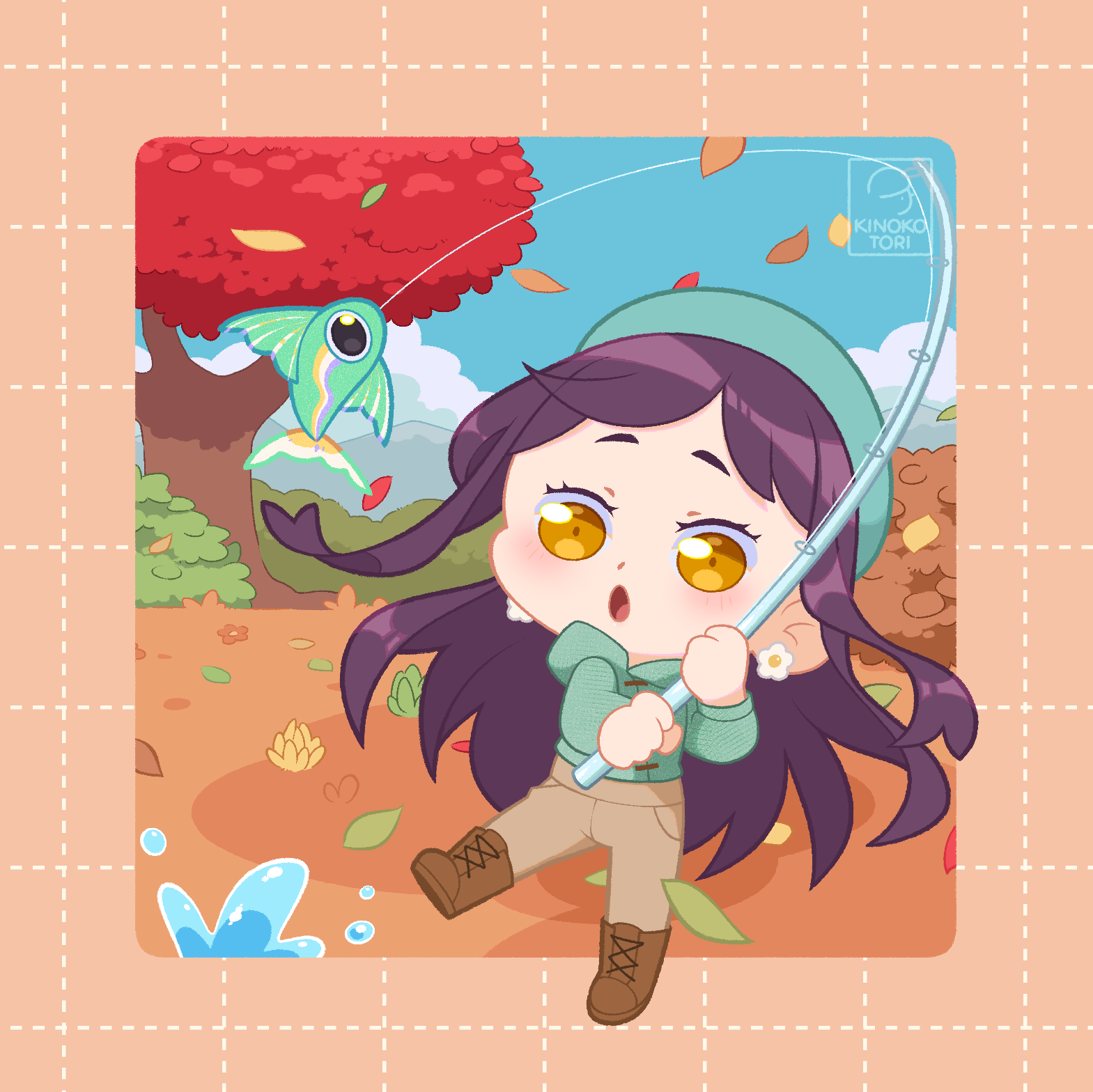 kinokorin, fields of mistria, highres, 1girl, autumn, autumn leaves, blue hat, blue jacket, blue sky, blush, boots, brown boots, brown eyes, brown pants, bush, chibi, earrings, eyelashes, fish, fishing rod, flower earrings, hat, holding, holding fishing rod, jacket, jewelry, leaf, long hair, open mouth, outdoors, pants, purple hair, sky, solo, splashing, tree