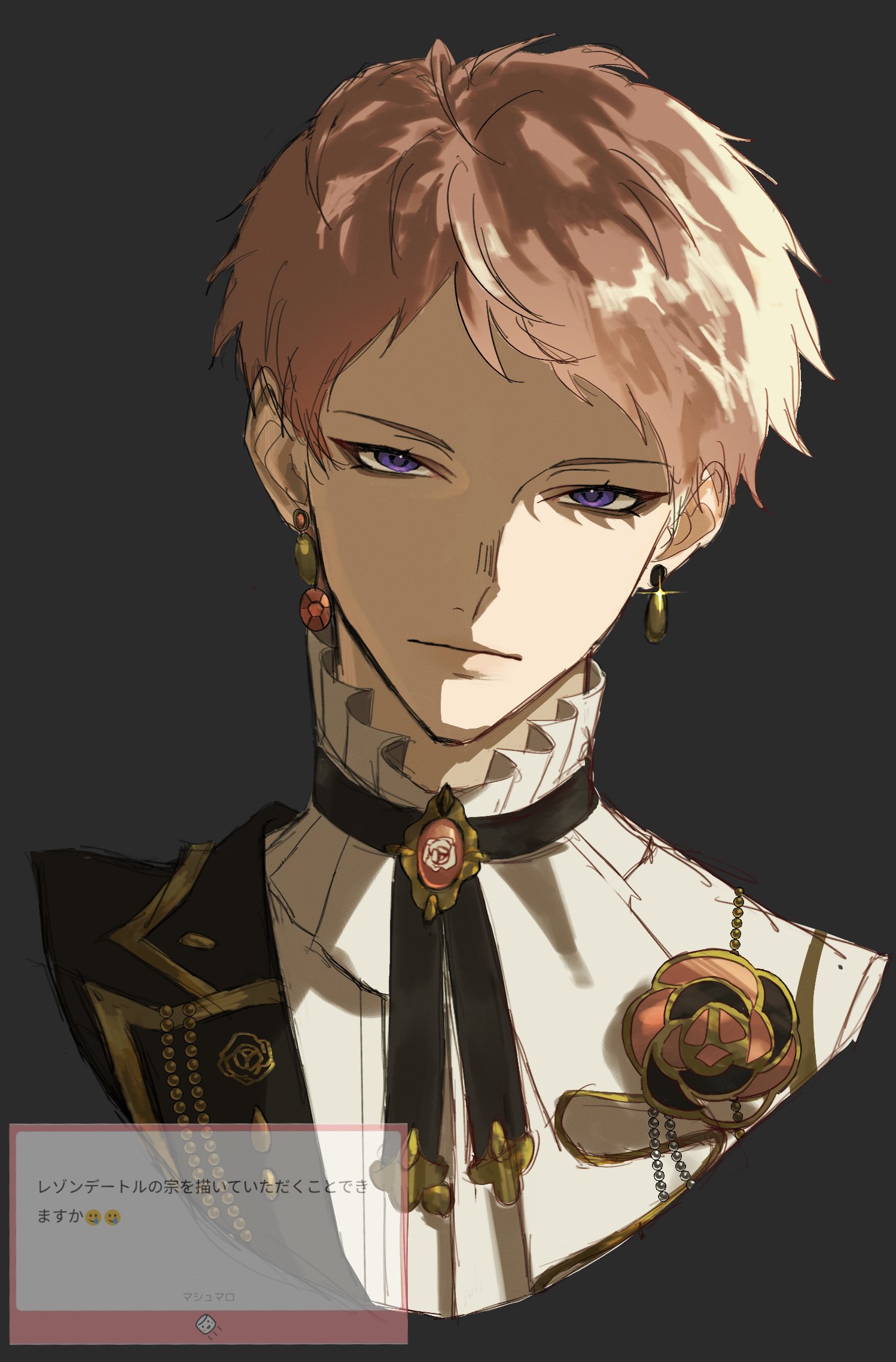 itsuki shu, ensemble stars!, commentary request, highres, translation request, 1boy, asamiya (asamiya 0913), black background, brooch, closed mouth, earrings, flower brooch, high collar, jewelry, lapels, looking at viewer, male focus, mismatched earrings, notched lapels, official alternate costume, pink hair, purple eyes, raison d'etre (ensemble stars!), short bangs, short hair, solo