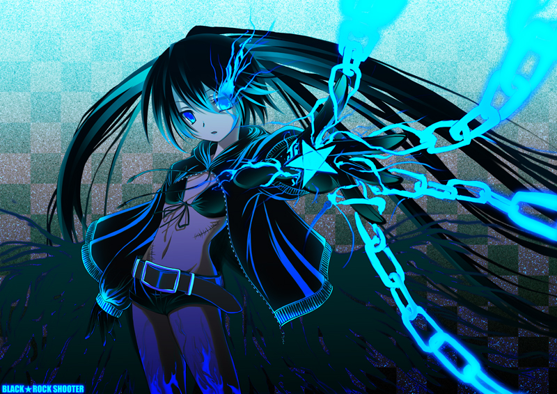 hinasaki you, black rock shooter (character), hatsune miku, black rock shooter, vocaloid, 10s, 1girl, blackâ˜…rock shooter, black hair, blue eyes, chain, female focus, long hair, midriff, scar, shorts, solo, stitches, twintails