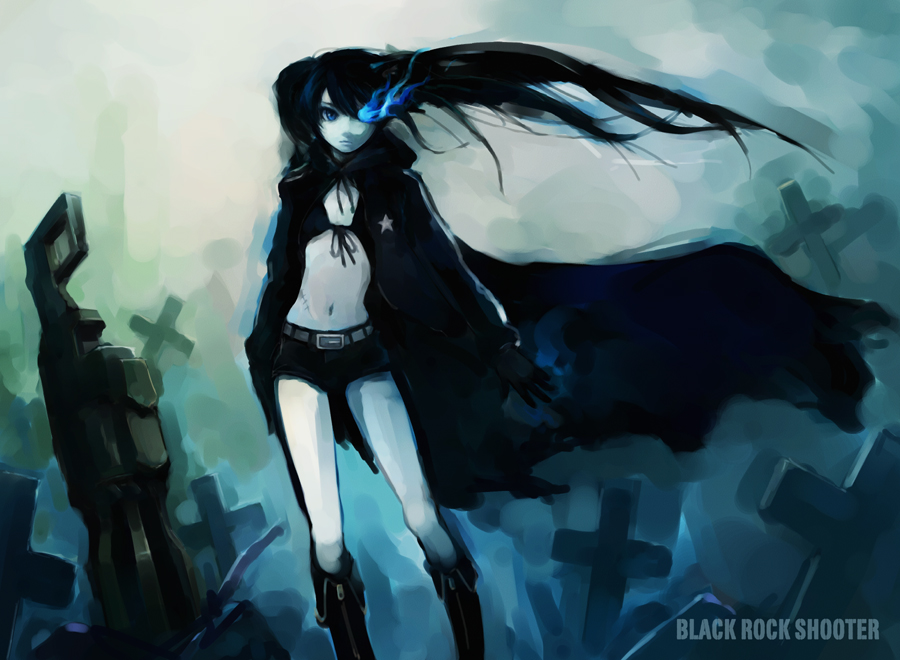 hironox, black rock shooter (character), black rock shooter, 10s, 1girl, black hair, blue eyes, cape, female focus, long hair, midriff, pale skin, solo