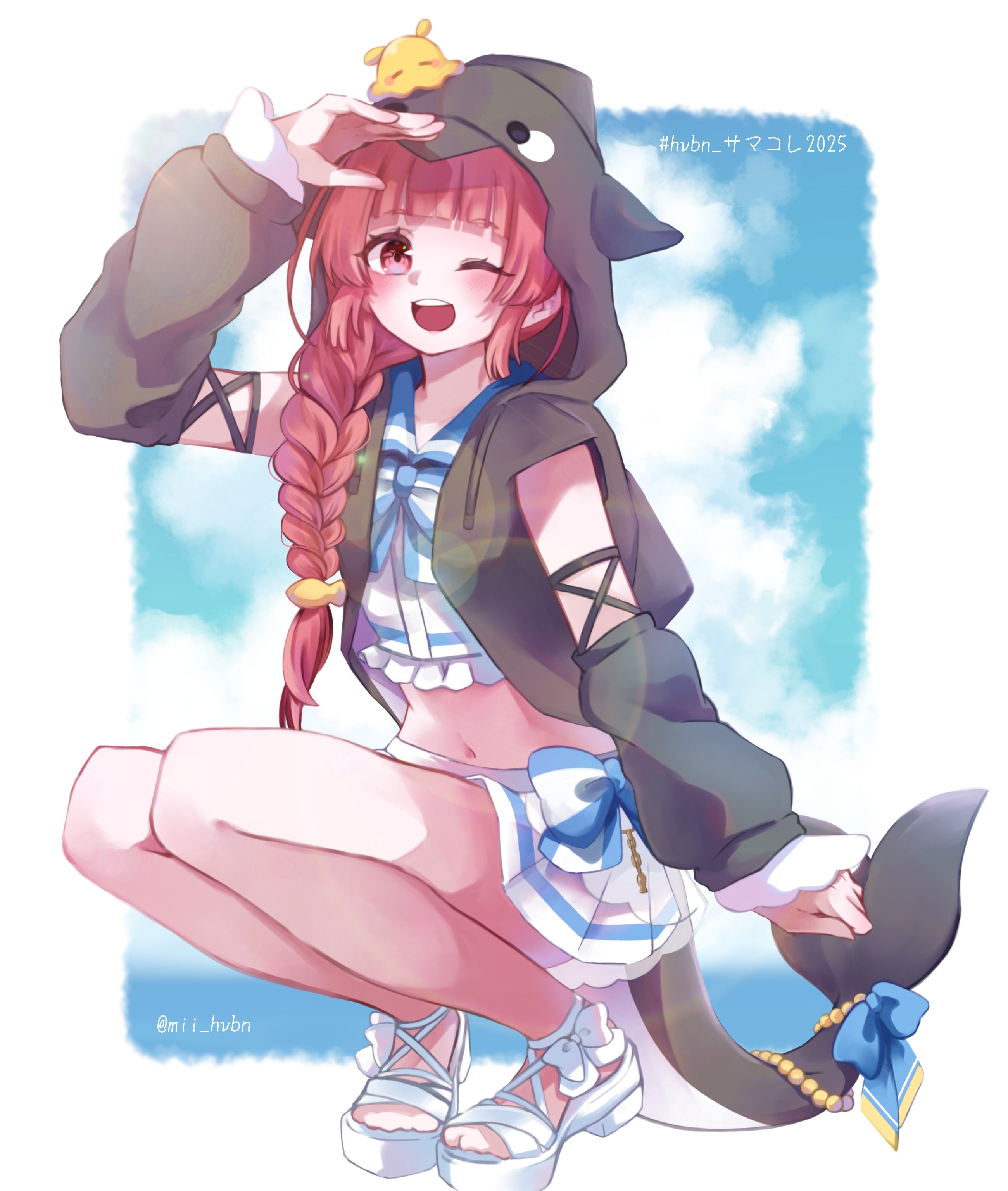 mizuhara aina, heaven burns red, absurdres, highres, 1girl, blue sky, braid, cloud, hand up, hood, hoodie, jacket, mii hvbn, one eye closed, open mouth, red hair, skirt, sky, teeth, upper teeth only