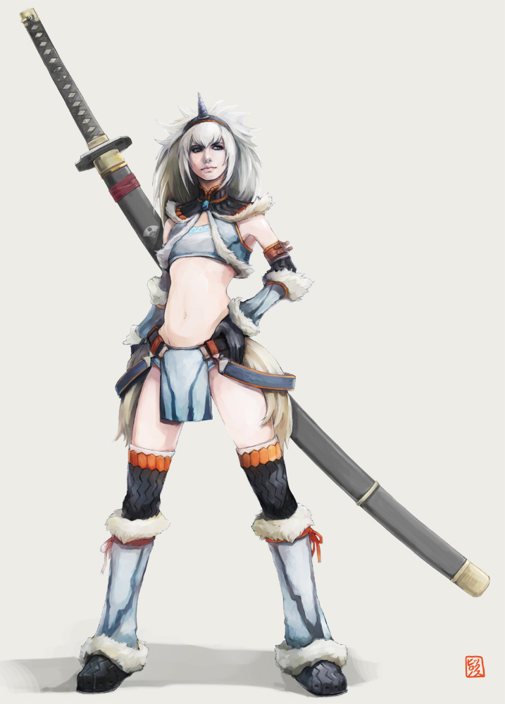hironox, capcom, monster hunter (series), 1girl, bandeau, boots, detached sleeves, female focus, flat chest, horns, huge weapon, katana, kirin (armor), loincloth, long hair, midriff, ootachi, sheath, sheathed, single horn, solo, strapless, sword, thighhighs, tube top, weapon, white hair