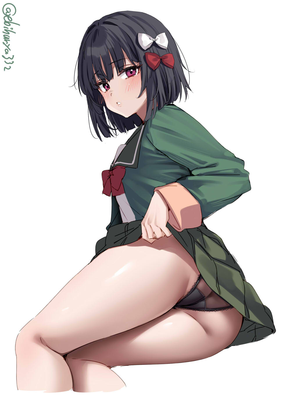 ebifurya, ishigaki (kancolle), kantai collection, commentary request, highres, 1girl, artist name, ass, black hair, black panties, blush, bow, bowtie, breasts, clothes lift, hair bow, lifting own clothes, long hair, looking at viewer, one-hour drawing challenge, panties, red bow, red bowtie, red eyes, short hair, sidelocks, simple background, sitting, skirt, skirt lift, small breasts, solo, thighs, twitter username, underwear, white background, white bow, yokozuwari