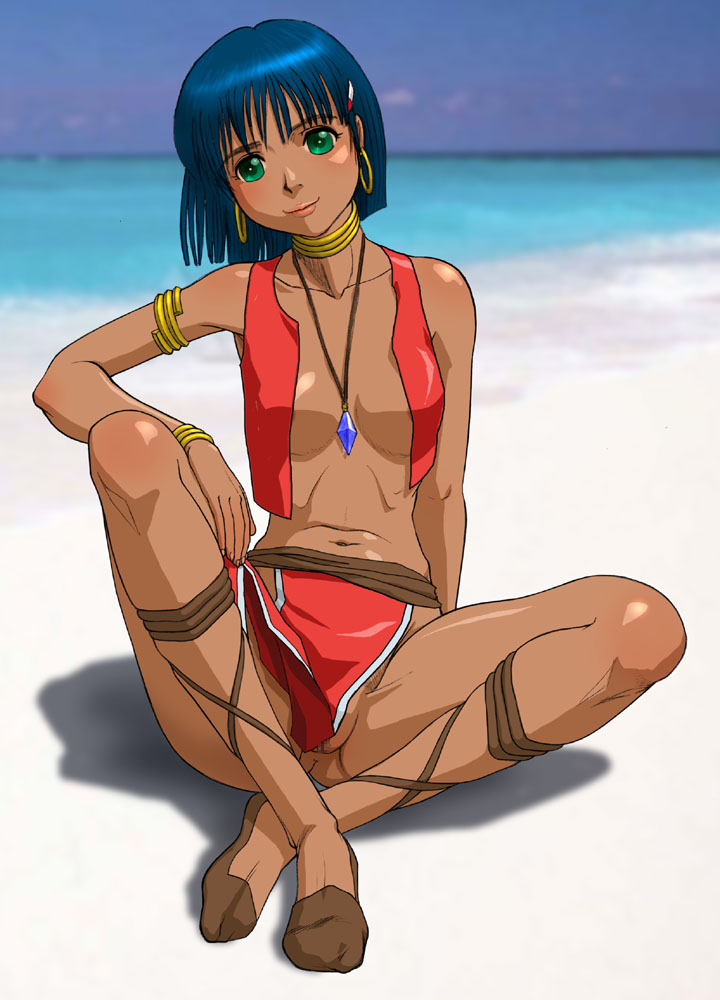 nadia la arwall, fushigi no umi no nadia, 1990s (style), 1girl, anus, ass, beach, blush, breasts, censored, dark-skinned female, dark skin, earrings, female focus, full body, jewelry, navel, nipple slip, nipples, no bra, no panties, ocean, outdoors, pussy, pussy peek, retro artstyle, sandals, sitting, skirt, sky, solo, vest