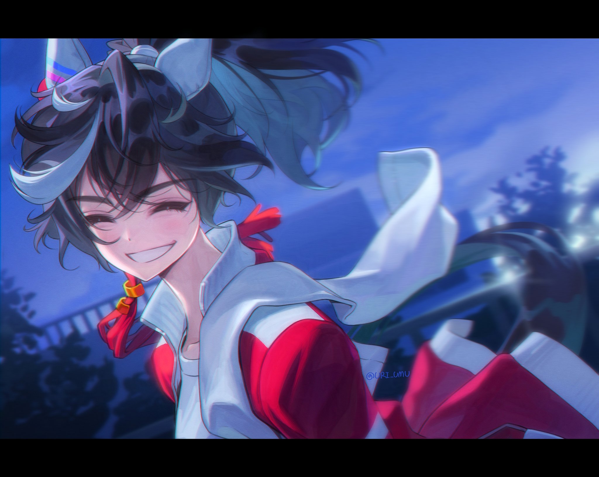 katsuragi ace (umamusume), umamusume, highres, animal ears, black hair, closed eyes, closed mouth, clothing cutout, ear covers, horse ears, horse girl, horse tail, looking at viewer, multicolored hair, ponytail, school uniform, smile, streaked hair, tail, tail through clothes, tracen school uniform, tracen training uniform, uri umu, white hair