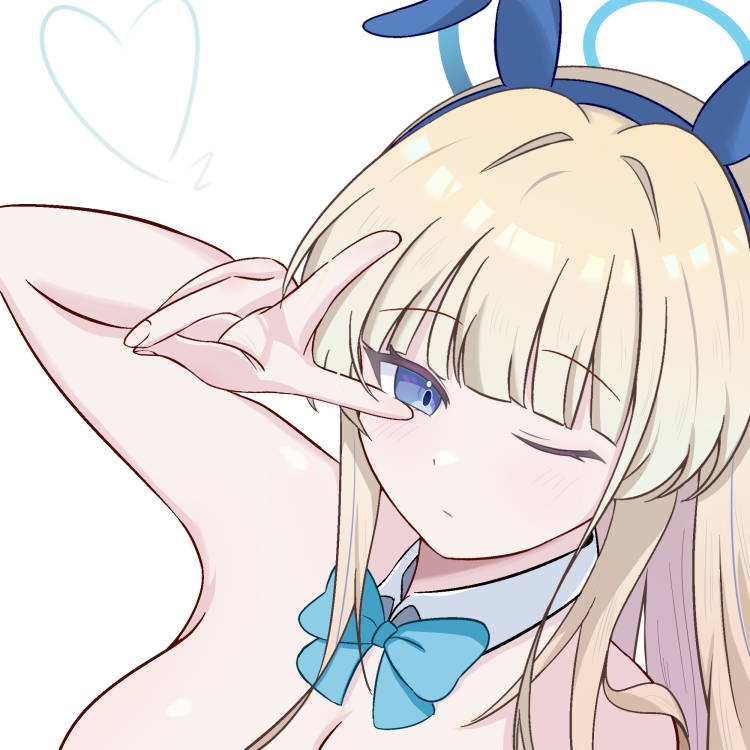 chokei, toki (blue archive), toki (bunny) (blue archive), blue archive, 1girl, animal ear hairband, animal ears, bare shoulders, blonde hair, blue eyes, bow, bowtie, breasts, cleavage, detached collar, fake animal ears, hairband, hand up, leotard, long hair, medium breasts, one eye closed, playboy bunny, rabbit ears, simple background, solo, v, white background, wink