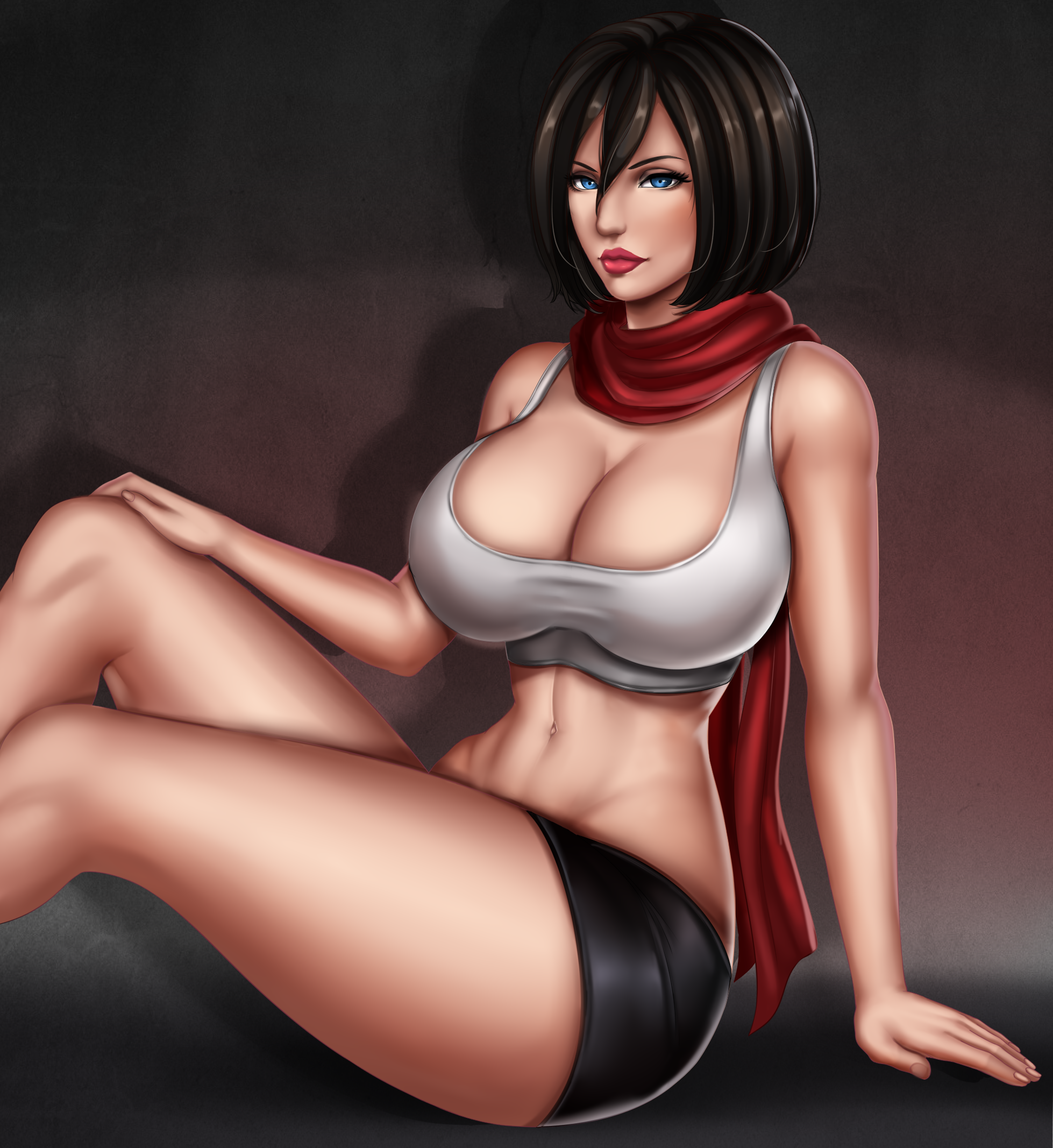 flowerxl, mikasa ackerman, shingeki no kyojin, highres, 1girl, black hair, blue eyes, breasts, cleavage, female focus, huge breasts, looking at viewer, scarf, sitting, solo, tank top, uncensored, white tank top