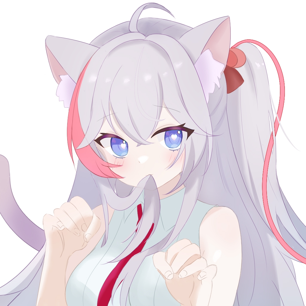 chokei, kanami (strinova), strinova, 1girl, :3, ahoge, animal ear fluff, animal ears, blue eyes, blush, cat ears, hair in own mouth, hair ribbon, hands up, heart, heart-shaped pupils, looking at viewer, multicolored hair, necktie, pink hair, ribbon, shirt, simple background, sleeveless, sleeveless shirt, solo, symbol-shaped pupils, white background, white hair