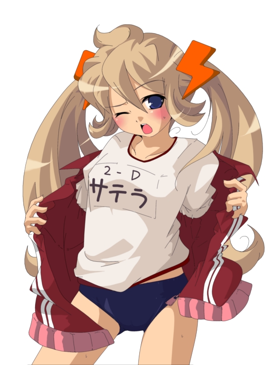yamazaki kazu, blonde hair, blue eyes, blush, buruma, gym uniform, hair ornament, solo, standing, twintails, undressing