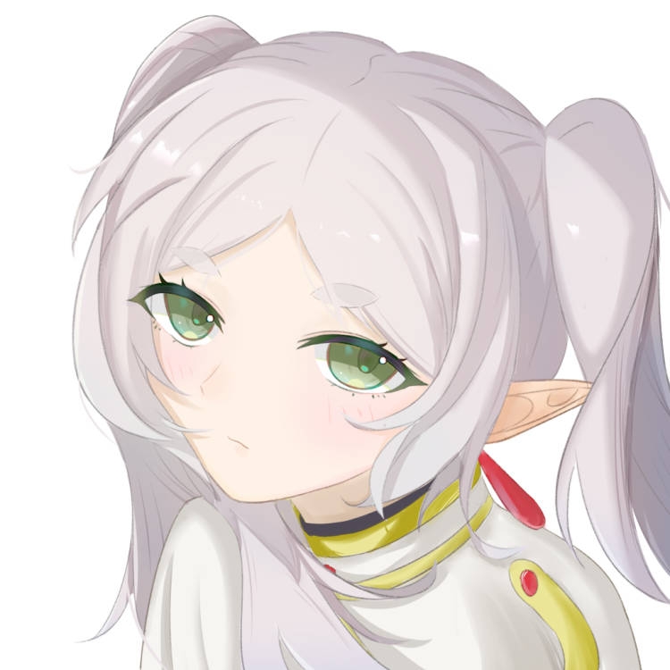 chokei, frieren, sousou no frieren, 1girl, earrings, elf, green eyes, jewelry, looking at viewer, pointy ears, simple background, solo, thick eyebrows, twintails, white background, white hair
