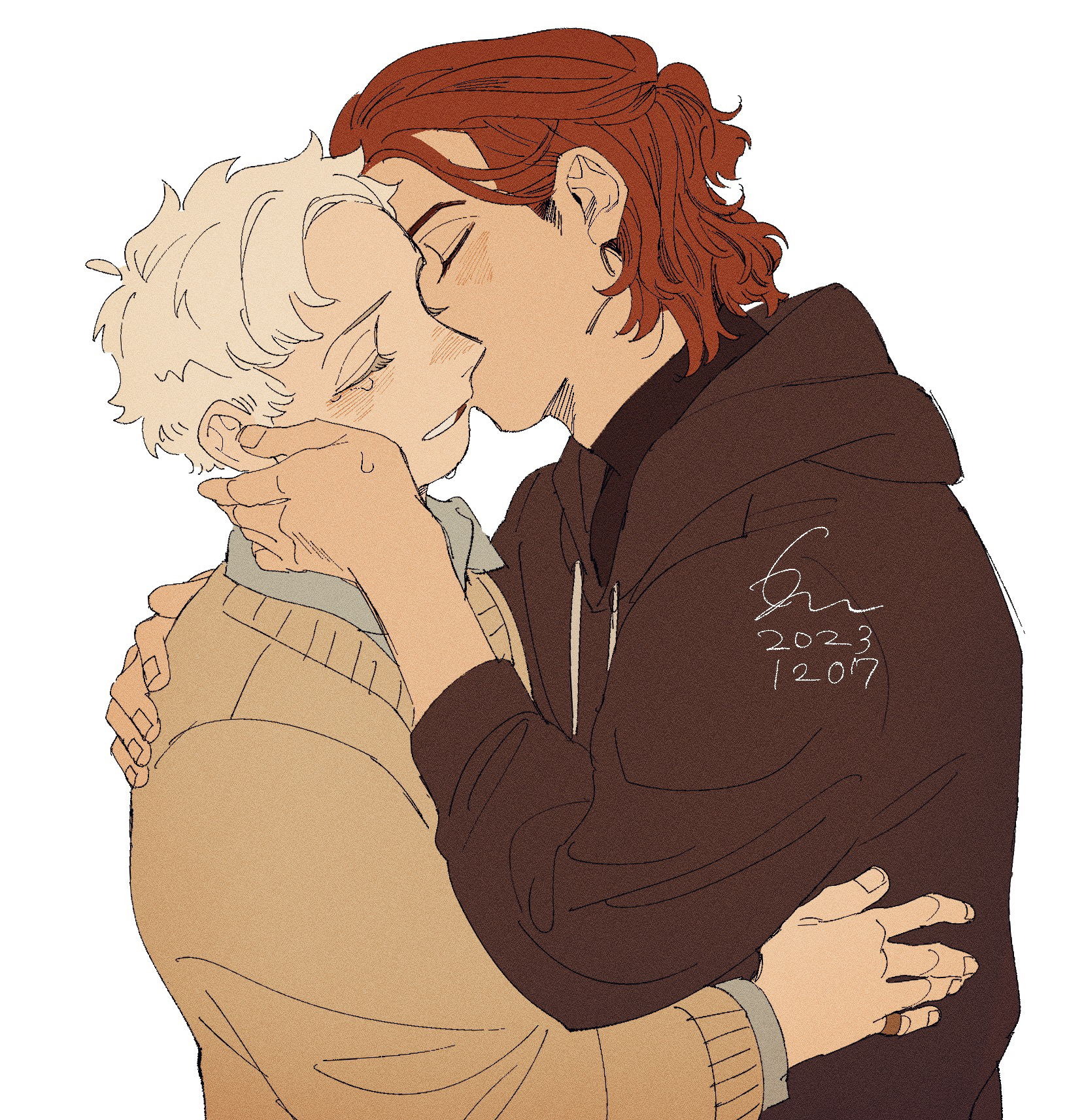 erm nkcn, aziraphale (good omens), crowley (good omens), good omens, highres, 2boys, black jacket, blush, brown sweater, closed eyes, drawstring, fingernails, grey shirt, jacket, jewelry, kiss, male focus, multiple boys, red hair, ring, shirt, short hair, simple background, sweater, tears, white background, white hair, yaoi