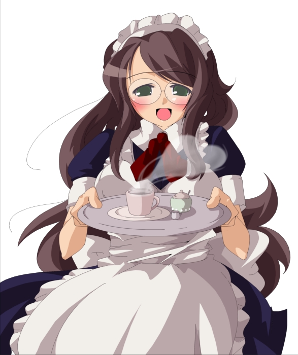 yamazaki kazu, original, apron, blush, bonnet, bow, brown hair, glasses, green eyes, long hair, maid, maid apron, solo, tray, waitress