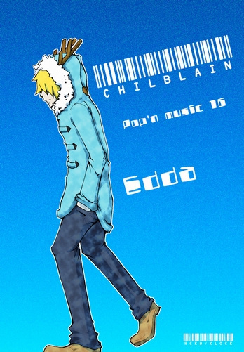 edda, bemani, pop'n music, 1boy, animal ears, antlers, boots, full body, gradient background, guitar, hair over eyes, hands in pockets, hood, hoodie, horns, instrument, jacket, male focus, pon's music 16, solo
