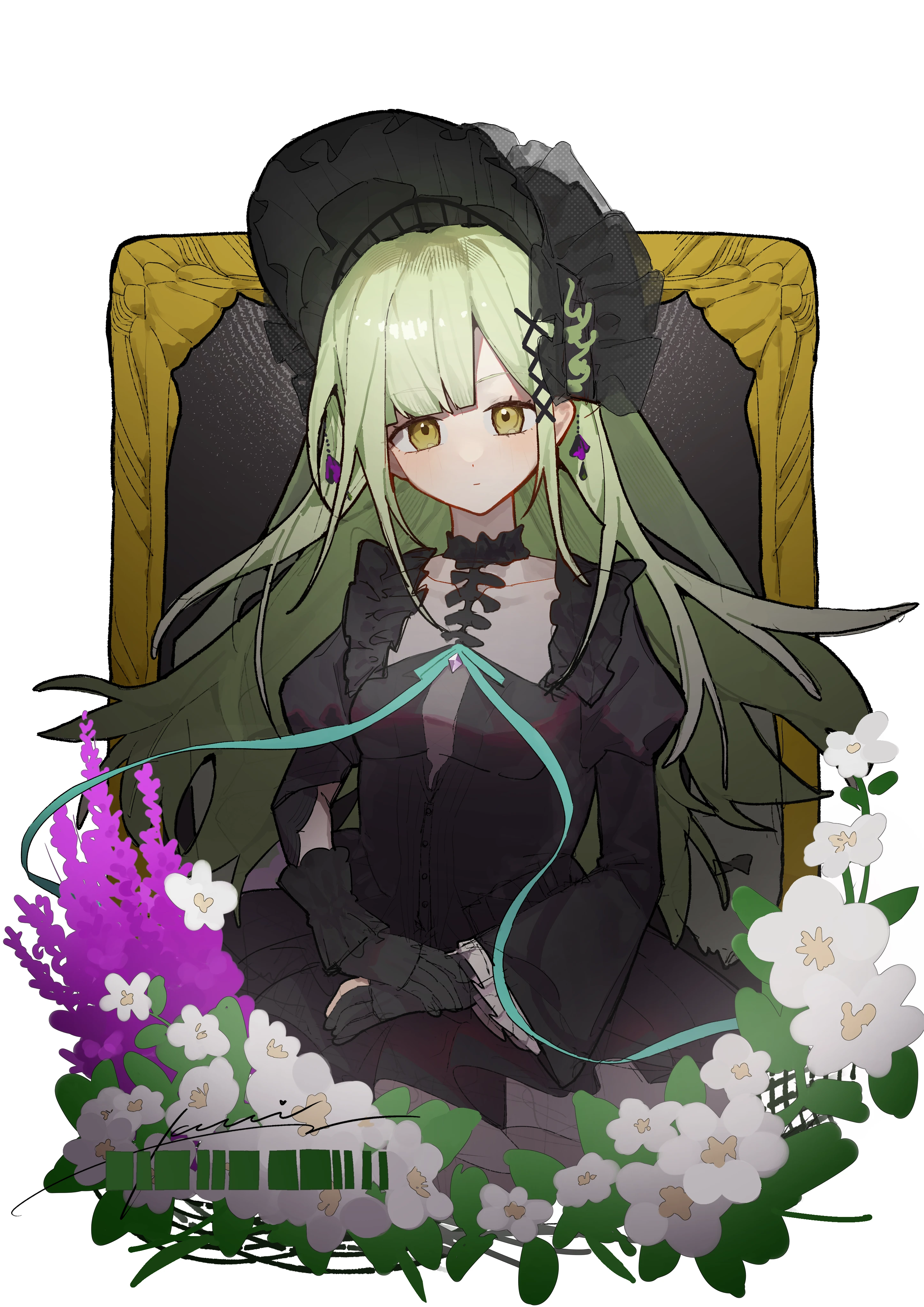 wakaba mutsumi, wakaba mutsumi (marionette's id), arknights, bang dream!, bang dream! it's mygo!!!!!, absurdres, highres, 1girl, black bonnet, black choker, black dress, black gloves, blunt bangs, bonnet, choker, closed mouth, cowboy shot, dress, flower, gloves, gothic lolita, green eyes, green hair, hair ornament, kuzi kz, lolita fashion, long hair, long sleeves, looking at viewer, mirror, own hands together, purple flower, sidelocks, smile, solo, white flower, x hair ornament