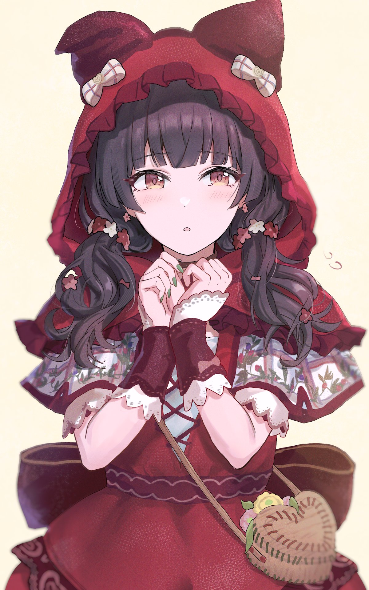 powder is kona, little red riding hood (fairy tale character), mamemaru (shiny colors), mayuzumi fuyuko, little red riding hood (fairy tale), commentary, highres, symbol-only commentary, 1girl, black hair, brown eyes, capelet, cosplay, green nails, hood, hood up, little red riding hood (fairy tale character) (cosplay), long hair, low twintails, nail polish, open mouth, purple eyes, simple background, solo, twintails, white capelet