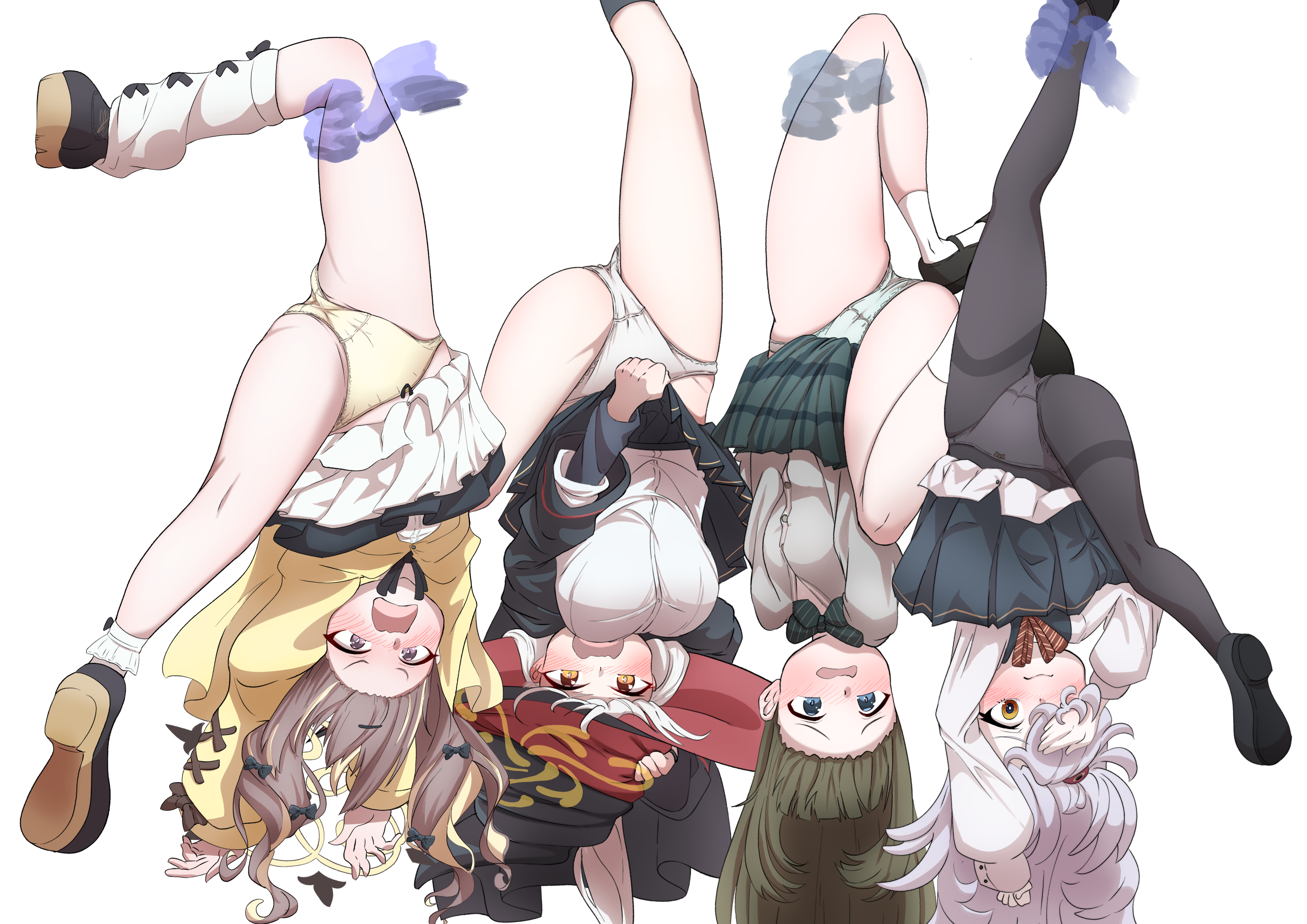 kirisame0729, eri (blue archive), kanoe (blue archive), rena (blue archive), tsumugi (blue archive), blue archive, absurdres, highres, 4girls, asymmetrical legwear, black pantyhose, black ribbon, black skirt, black socks, blonde streaks, blue eyes, blush, bow, bow panties, bowtie, breasts, brown eyes, brown hair, brown halo, cardigan, crotch seam, diagonal-striped bow, diagonal-striped bowtie, diagonal-striped clothes, dress, green bow, green bowtie, green panties, green skirt, grey hair, hair between eyes, hair ornament, hair over one eye, halo, hanging, hat, huge breasts, loafers, long hair, long sleeves, looking at viewer, medium breasts, miniskirt, multicolored hair, multiple girls, nose blush, occult studies club (blue archive), open mouth, orange eyes, panties, panties under pantyhose, pantyhose, pinafore dress, plaid clothes, plaid skirt, pleated skirt, purple eyes, ribbon, shirt, shoes, single loose sock, skirt, sleeveless, sleeveless dress, socks, streaked hair, striped bow, striped bowtie, striped clothes, thighband pantyhose, tilted halo, twintails, two side up, underwear, upside-down, very long hair, white hair, white panties, white shirt, white socks, witch hat, x hair ornament, yellow cardigan, yellow halo, yellow panties