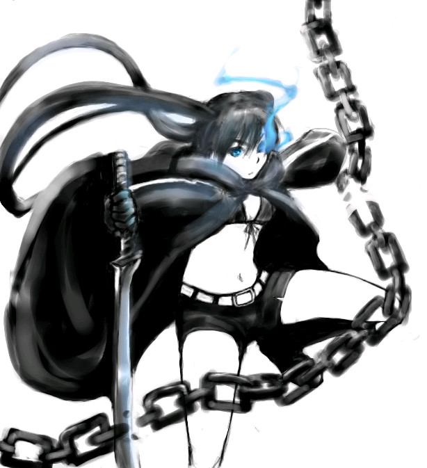suwi, black rock shooter (character), hatsune miku, black rock shooter, vocaloid, 10s, 1girl, black hair, blacku00e2u02dcu2026rock shooter, blue eyes, female focus, long hair, midriff, monochrome, shorts, solo, spot color, twintails