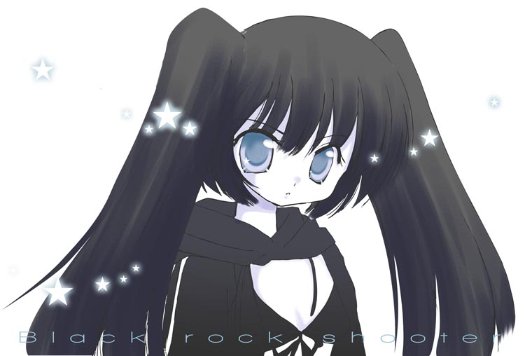 koizumi ako, piyoako, black rock shooter (character), hatsune miku, black rock shooter, vocaloid, bad id, bad pixiv id, 10s, 1girl, black hair, blue eyes, female focus, long hair, monochrome, solo, spot color, twintails