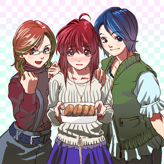 yahako, bad id, bad pixiv id, 3girls, ahoge, blue eyes, blue hair, blush, brown eyes, brown hair, embarrassed, food, glasses, long hair, multiple girls, red eyes, red hair, short hair