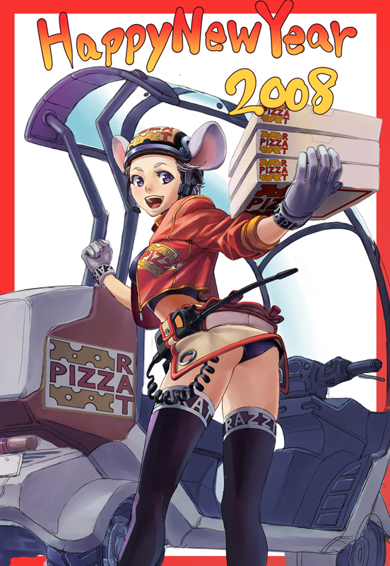 yahako, honda, original, vehicle, bad id, bad pixiv id, photoshop (medium), 00s, 1girl, 2008, animal ears, ass, border, chinese zodiac, coiled cord, delivery, feet out of frame, female focus, food, from behind, gloves, happy new year, helmet, honda gyro canopy, jacket, looking back, microskirt, midriff, motor vehicle, mouse ears, new year, orange border, outside border, panties, pantyshot, pizza, pizza box, pizza delivery, purple eyes, red border, scooter, skirt, smile, solo, thighhighs, three-wheeler, underwear, walkie-talkie, year of the rat