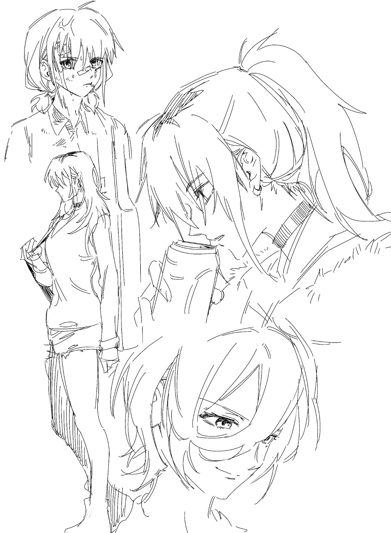 iseri nina, kawaragi momoka, rupa (girls band cry), girls band cry, commentary request, highres, korean commentary, 3girls, bandaid, bandaid on face, bandaid on forehead, bandaid on nose, choker, closed mouth, earclip, greyscale, guitar case, hair between eyes, indoors, instrument case, long hair between eyes, low twintails, maldaliza0818, monochrome, multiple girls, ponytail, short hair, short twintails, shorts, sketch, twintails