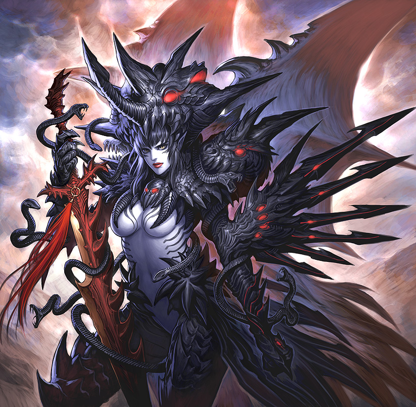 arina nary, original, pixiv fantasia, character request, 1girl, armor, black hair, breasts, colored skin, demon girl, female focus, glowing, helm, helmet, holding, holding sword, holding weapon, huge weapon, lipstick, long hair, makeup, pale skin, pointy ears, snake, solo, sword, underboob, weapon, white skin, wings, yellow eyes