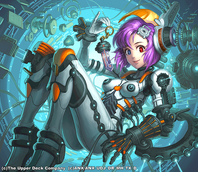 arina nary, mechanical, 1girl, bodysuit, cable, female focus, heterochromia, mecha pilot suit, plugsuit (evangelion), purple hair, science fiction, short hair, smile, solo