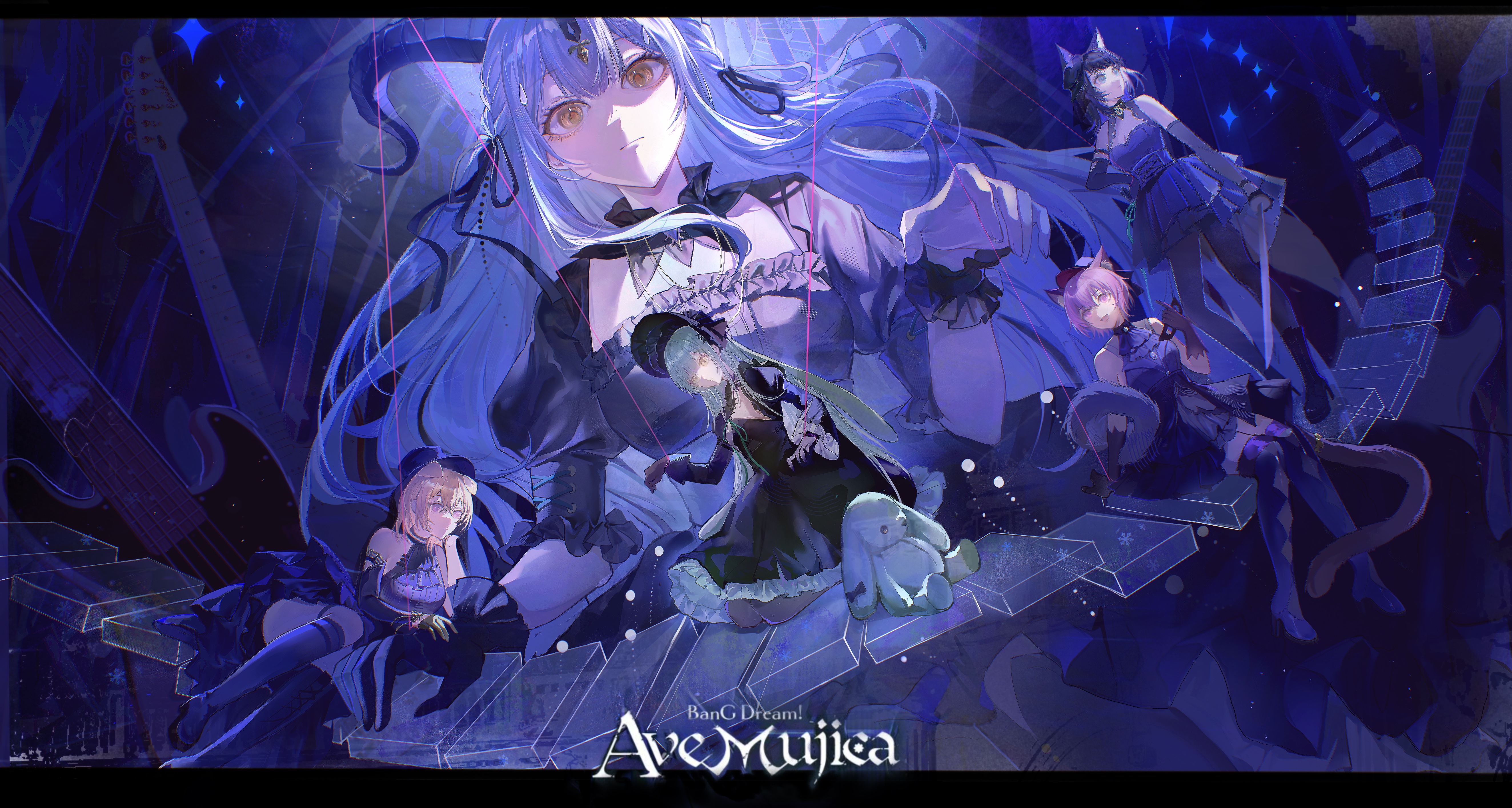 miaoling (miaoling 33zenobia), misumi uika, misumi uika (caged singer), togawa sakiko, togawa sakiko (master of melodia), wakaba mutsumi, wakaba mutsumi (marionette's id), yahata umiri, yahata umiri (moonlight executioner), yuutenji nyamu, yuutenji nyamu (magician of passion), arknights, ave mujica (bang dream!), bang dream!, bang dream! it's mygo!!!!!, absurdres, chinese commentary, commentary request, highres, 5girls, animal ears, black bonnet, black boots, black dress, black gloves, black hair, black horns, black ribbon, blonde hair, blue eyes, blue hair, bonnet, boots, cat ears, cat girl, closed mouth, copyright logo, curled horns, detached collar, dog ears, dog girl, dress, floppy ears, frilled dress, frilled sleeves, frills, gloves, gothic lolita, green hair, guitar, hair between eyes, hair ornament, hair ribbon, high heel boots, high heels, holding, holding weapon, horns, instrument, kemonomimi mode, keyboard (instrument), letterboxed, lolita fashion, long hair, medium hair, multiple girls, puffy sleeves, puppet strings, purple eyes, purple hair, rabbit ears, rabbit girl, ribbon, short hair, sidelocks, sitting, smile, standing, stuffed animal, stuffed rabbit, stuffed toy, tail, weapon, wolf ears, wolf girl, wolf tail, wrist cuffs, x hair ornament, yellow eyes