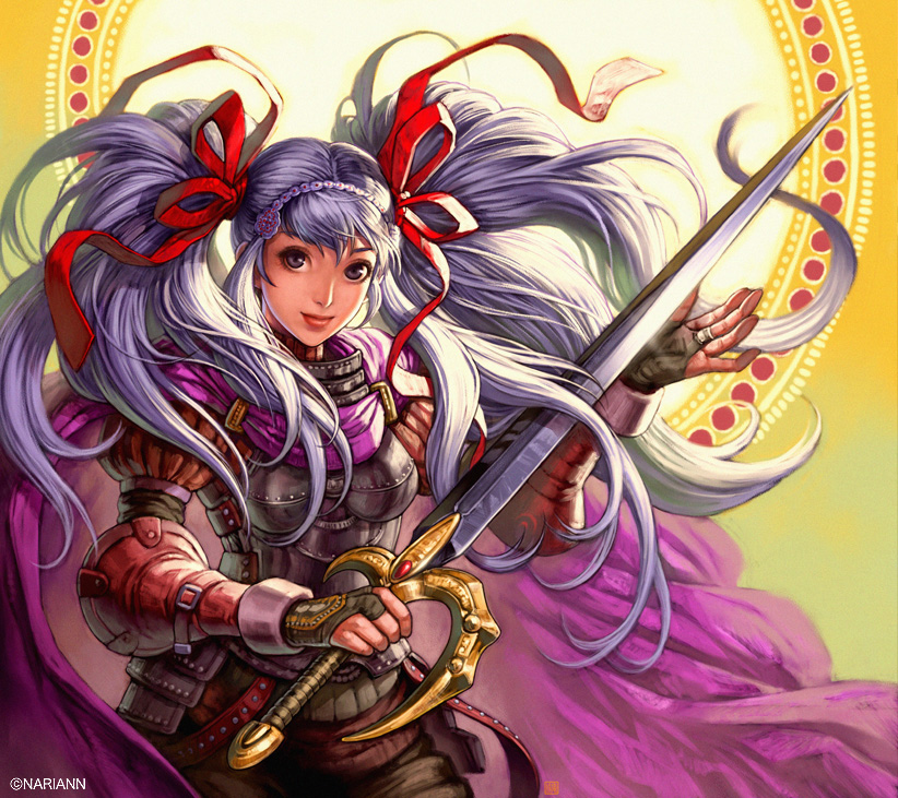 arina nary, silver hair, 1girl, armor, bridal gauntlets, cape, female focus, hair ornament, lips, long hair, solo, sword, twintails, weapon