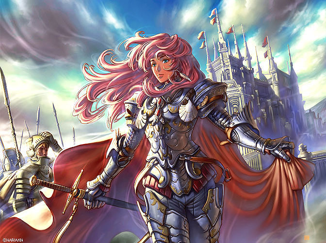 arina nary, armor, cape, castle, cloud, long hair, pink hair, sky, solo, sword, weapon
