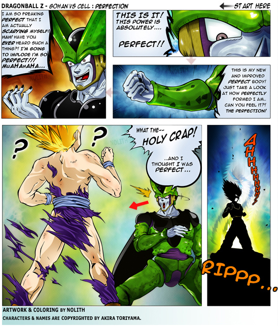 nolithirus, cell (dragon ball), perfect cell, son gohan, dragon ball, dragonball z, 2boys, ?, ^^^, arrow (symbol), english text, grin, male focus, multiple boys, outdoors, pale skin, penis envy, smile, speech bubble, spiked hair, super saiyan, super saiyan 2, surprised, teeth, torn clothes, wardrobe malfunction, wings