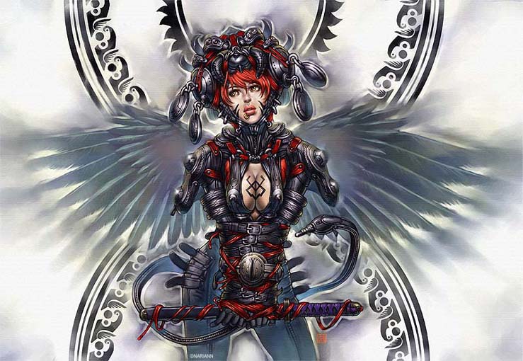 arina nary, original, 1girl, angel wings, armor, bdsm, bondage, bound, bound arms, breasts, cleavage, female focus, katana, red hair, solo, sword, weapon, wings