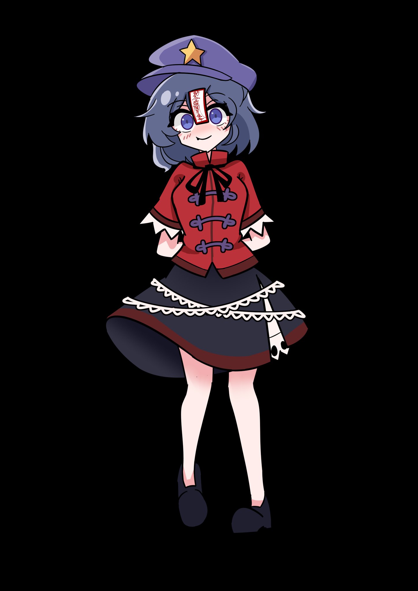 miyako yoshika, touhou, commentary request, highres, 1girl, arms behind back, black background, black ribbon, black shoes, black skirt, blush, chinese clothes, fang, fang out, grey hair, hat, hat ornament, jiangshi, neck ribbon, newsboy cap, ofuda, purple eyes, purple hat, que si tian yu ze, red shirt, ribbon, shirt, shoes, short sleeves, simple background, skirt, solo, star (symbol), star hat ornament, tangzhuang