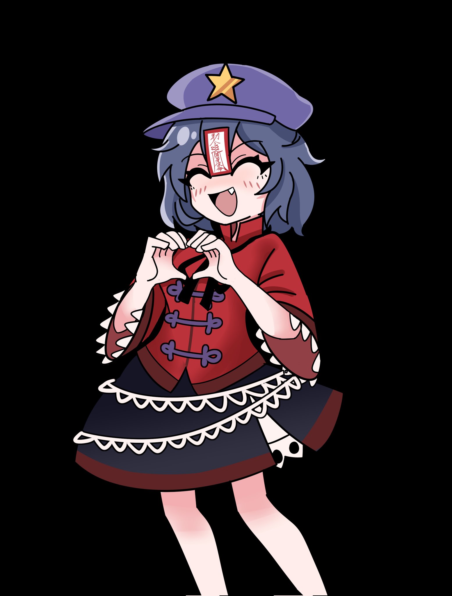miyako yoshika, touhou, commentary request, highres, 1girl, :d, black background, black ribbon, black shoes, black skirt, blush, chinese clothes, closed eyes, fang, feet out of frame, grey hair, hat, hat ornament, heart, heart hands, jiangshi, neck ribbon, newsboy cap, ofuda, open mouth, purple hat, que si tian yu ze, red shirt, ribbon, shirt, shoes, short sleeves, simple background, skirt, smile, solo, star (symbol), star hat ornament, tangzhuang