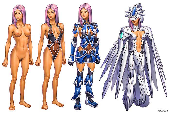 arina nary, concept art, armor, bodysuit, formal clothes, long hair, nipples, nude, pink hair