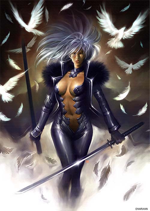arina nary, silver hair, bird, bodysuit, katana, long hair, open clothes, open shirt, shirt, solo, sword, weapon