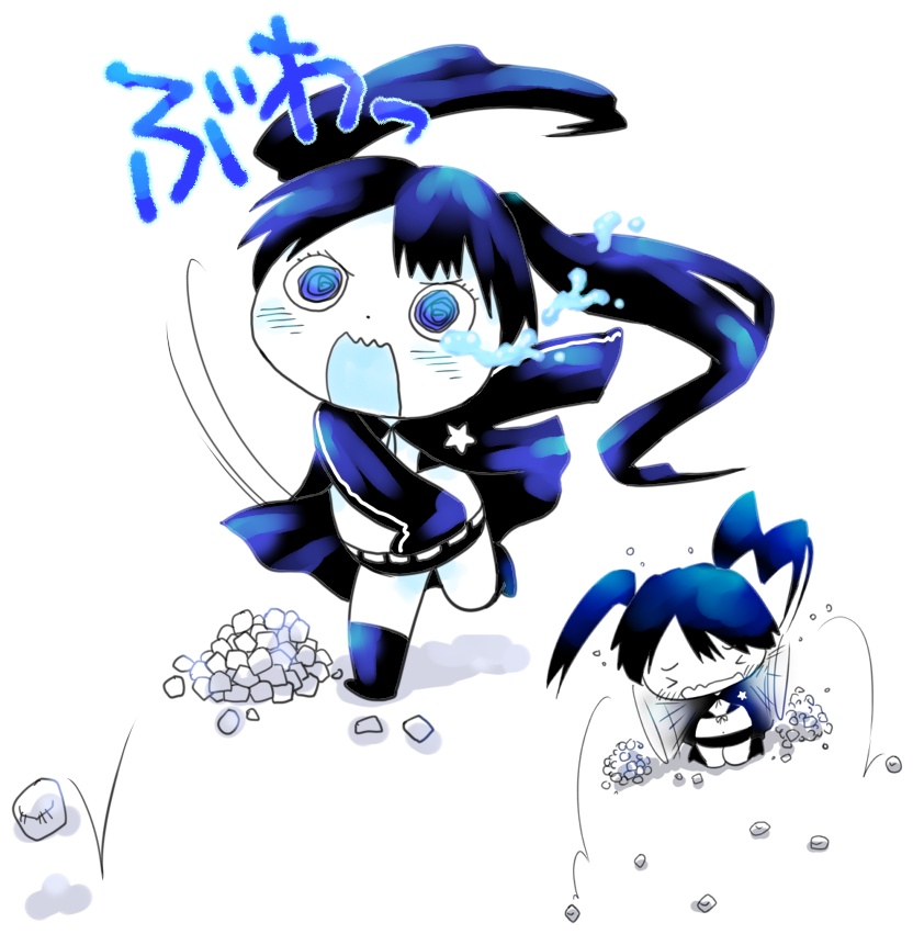 yamanokonza, black rock shooter (character), hatsune miku, black rock shooter, vocaloid, stone, > <, 10s, 1girl, bikini, bikini top only, blackâ˜…rock shooter, blue theme, blush, chibi, closed eyes, fire, flaming eyes, full body, jacket, kneehighs, kneeling, leg up, long hair, long sleeves, monochrome, motion lines, multiple views, no shoes, open clothes, open jacket, running, shorts, simple background, socks, swimsuit, tears, throwing, twintails, white background