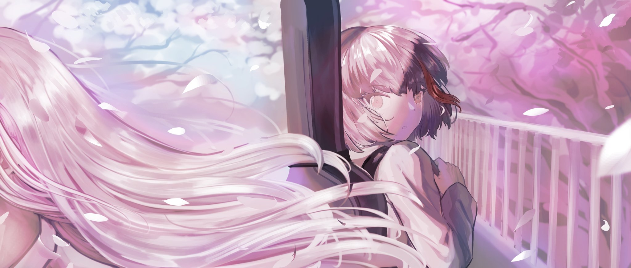 sunnysalt 08, minato yukina, mitake ran, bang dream!, commentary, hashtag-only commentary, highres, 2girls, black hair, brown eyes, cherry blossoms, crying, crying with eyes open, falling petals, floating hair, grey hair, grey jacket, guitar case, haneoka school uniform, instrument case, instrument on back, jacket, long hair, long sleeves, multiple girls, open mouth, petals, railing, red streaks, school uniform, tears