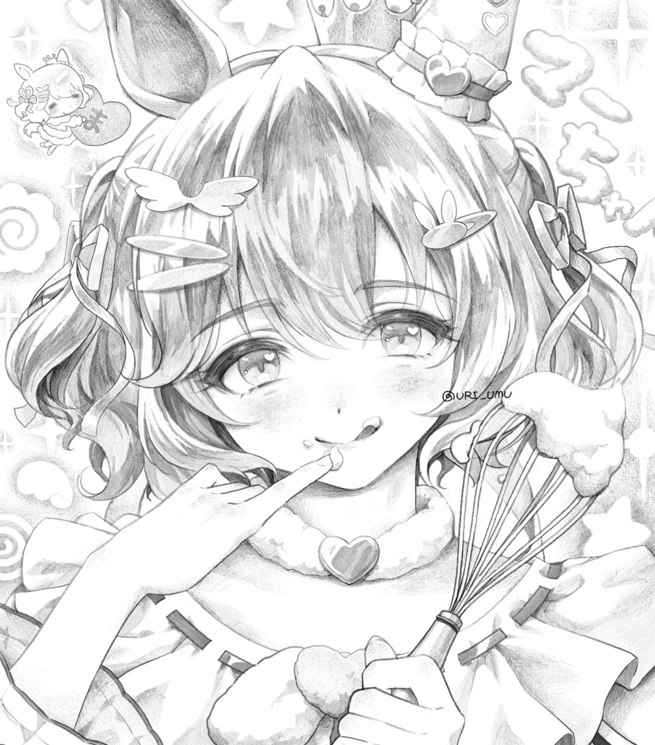 aston machan (umamusume), umamusume, highres, 1girl, animal ears, blush, bow, closed mouth, crown, ear covers, ear ornament, hair between eyes, hair ornament, hair scrunchie, horse ears, horse girl, looking at viewer, medium hair, mini crown, one side up, scrunchie, simple background, smile, solo, tilted headwear, uri umu