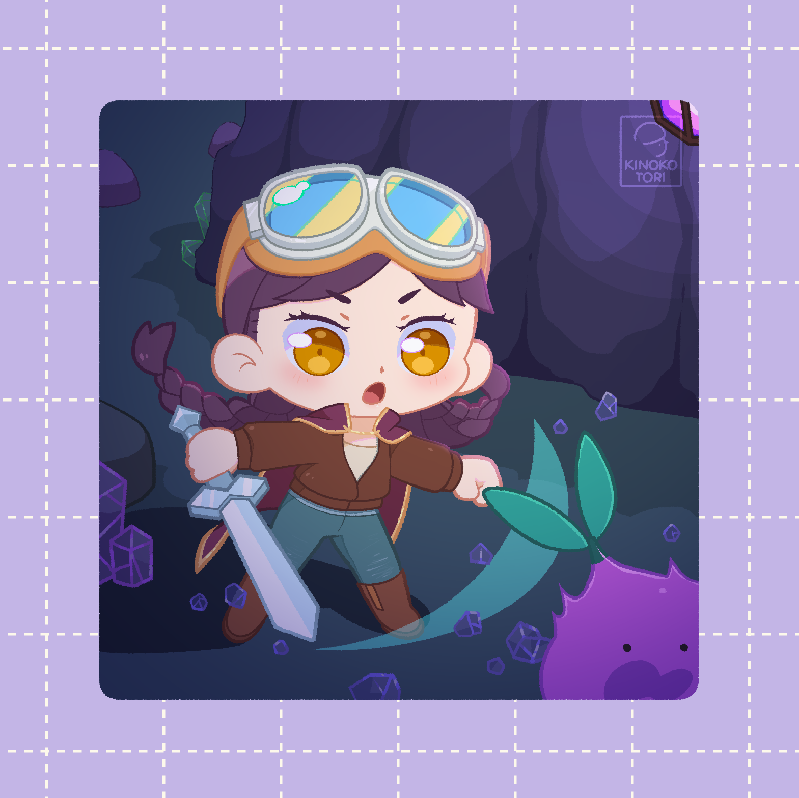 kinokorin, fields of mistria, highres, 1girl, blue pants, blush, boots, braid, brown boots, brown jacket, cape, cave interior, crystal, eyelashes, full body, goggles, goggles on head, holding, holding sword, holding weapon, jacket, open mouth, pants, purple cape, solo, sword, twin braids, weapon