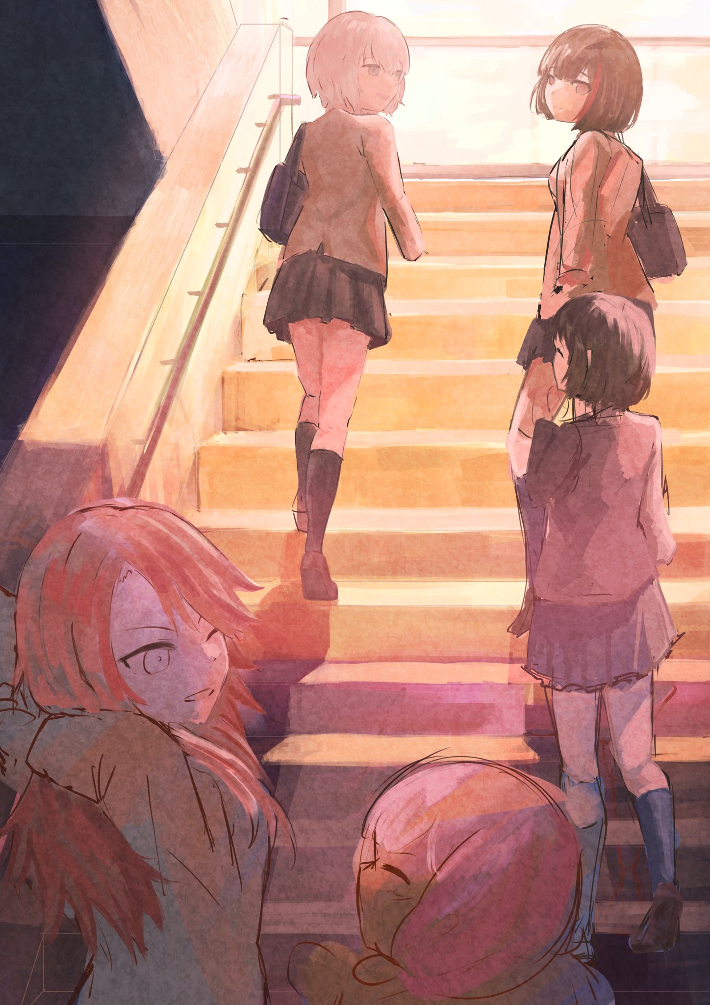 sunnysalt 08, aoba moca, hazawa tsugumi, mitake ran, udagawa tomoe, uehara himari, bang dream!, commentary request, highres, 5girls, afterglow (bang dream!), bag, black skirt, black socks, blue bag, blue eyes, closed eyes, grey hair, grey jacket, haneoka school uniform, jacket, long hair, long sleeves, multiple girls, pink hair, pleated skirt, purple hair, red hair, red streaks, school bag, school uniform, shoulder bag, skirt, socks, stairs
