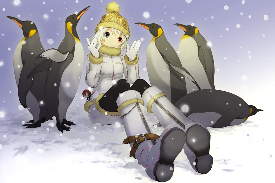 tsujisaki, white footwear, bad id, bad pixiv id, 1girl, bird, black pantyhose, boots, character doll, doll, female focus, full body, fur trim, gloves, hat, hat pompom, heterochromia, jacket, leggings, pantyhose, penguin, shoes, short hair, sitting, snow, snowing, solo, white gloves, white hair, white jacket, winter clothes