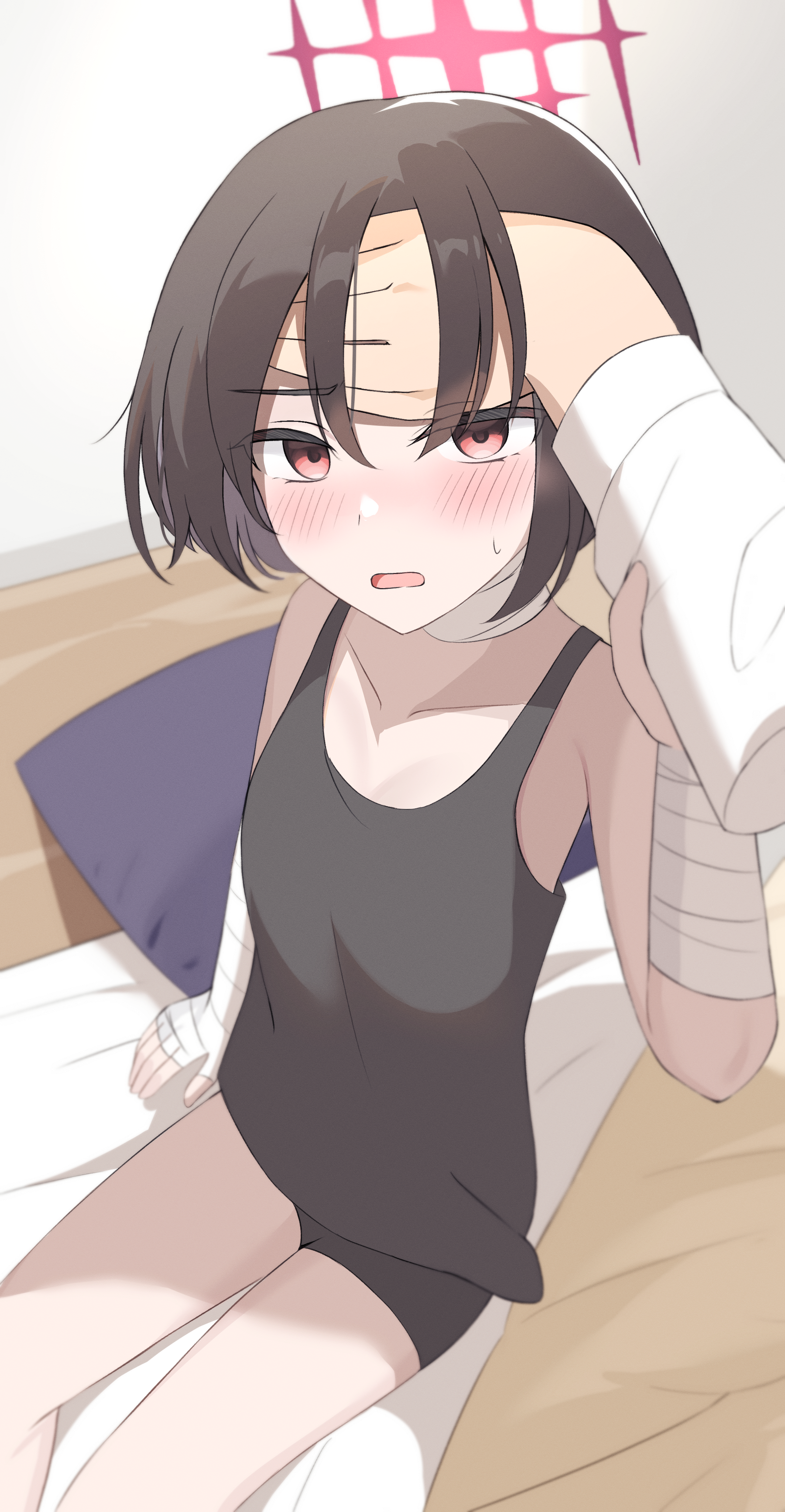 zeref (user uttv3537), misaki (blue archive), blue archive, absurdres, commentary request, highres, 1boy, 1girl, bandaged arm, bandaged neck, bandages, bed, black shorts, black tank top, blush, brown hair, grabbing another's arm, halo, hand on another's forehead, looking at viewer, open mouth, pillow, pov, pov hands, red eyes, red halo, short hair, short shorts, shorts, sitting, sweatdrop, tank top