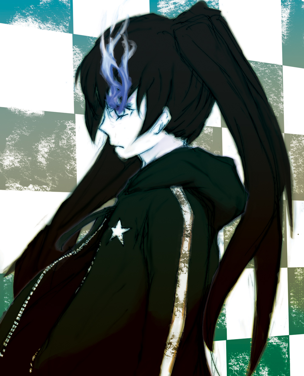 elsa (pixiv94993), eruza, black rock shooter (character), hatsune miku, black rock shooter, vocaloid, bad id, bad pixiv id, highres, 10s, 1girl, black hair, blacku00e2u02dcu2026rock shooter, female focus, solo, twintails