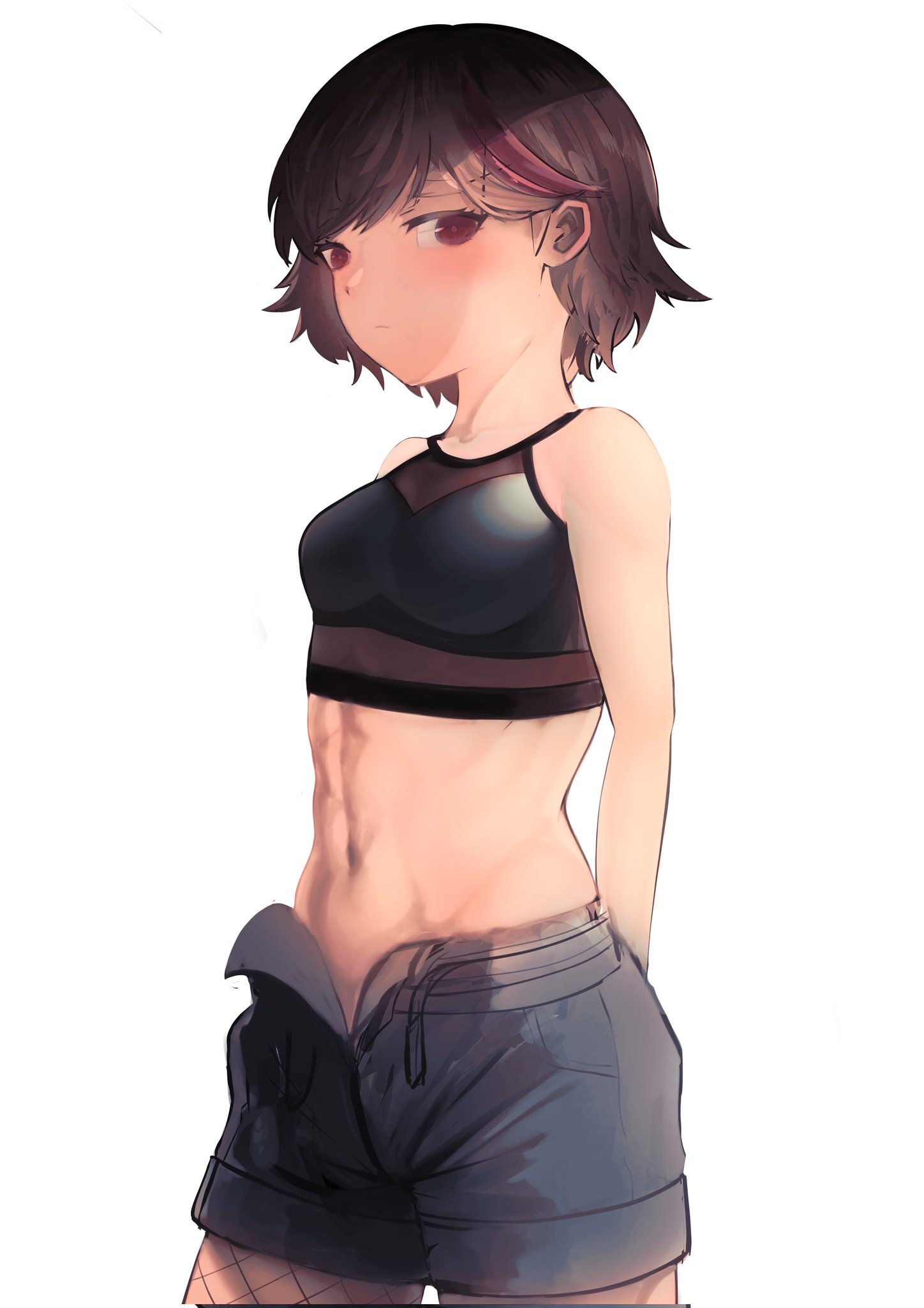 sunnysalt 08, mitake ran, bang dream!, commentary request, corrupted twitter file, highres, 1girl, abs, black hair, black shorts, breasts, closed mouth, crop top, fishnet pantyhose, fishnets, hair ornament, looking at viewer, medium breasts, navel, open fly, pantyhose, red eyes, red streaks, shorts, simple background, single leg pantyhose, solo, stomach, white background, x hair ornament