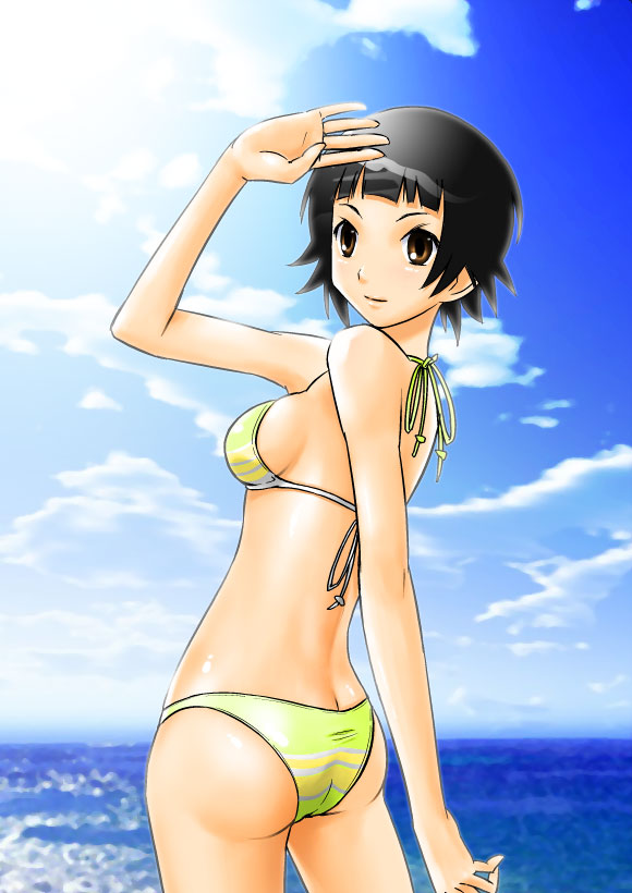 sakebuotoko, tsunetsuki matoi, sayonara zetsubou sensei, 00s, 1girl, ass, bikini, black hair, brown eyes, day, female focus, green bikini, looking back, ocean, outdoors, short hair, sky, solo, swimsuit, yellow bikini